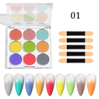 Nail Pigment Powder 9 Colors Palette Gradient Ombre Set for Nails- Includes 5 Sponge Sticks 1 Brush - for Beginners