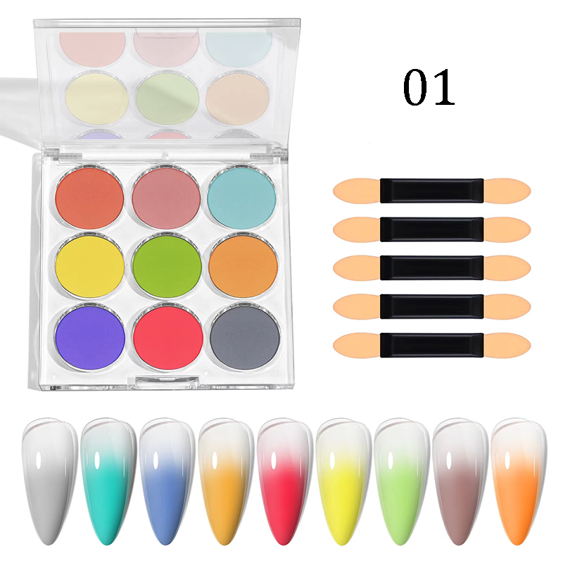Nail Pigment Powder 9 Colors Palette Gradient Ombre Set for Nails- Includes 5 Sponge Sticks 1 Brush - for Beginners