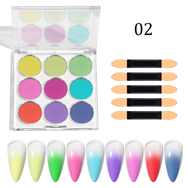 Nail Pigment Powder 9 Colors Palette Gradient Ombre Set for Nails- Includes 5 Sponge Sticks 1 Brush - for Beginners