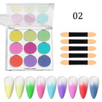 Nail Pigment Powder 9 Colors Palette Gradient Ombre Set for Nails- Includes 5 Sponge Sticks 1 Brush - for Beginners