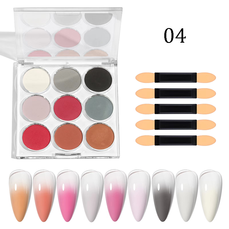 Nail Pigment Powder 9 Colors Palette Gradient Ombre Set for Nails- Includes 5 Sponge Sticks 1 Brush - for Beginners