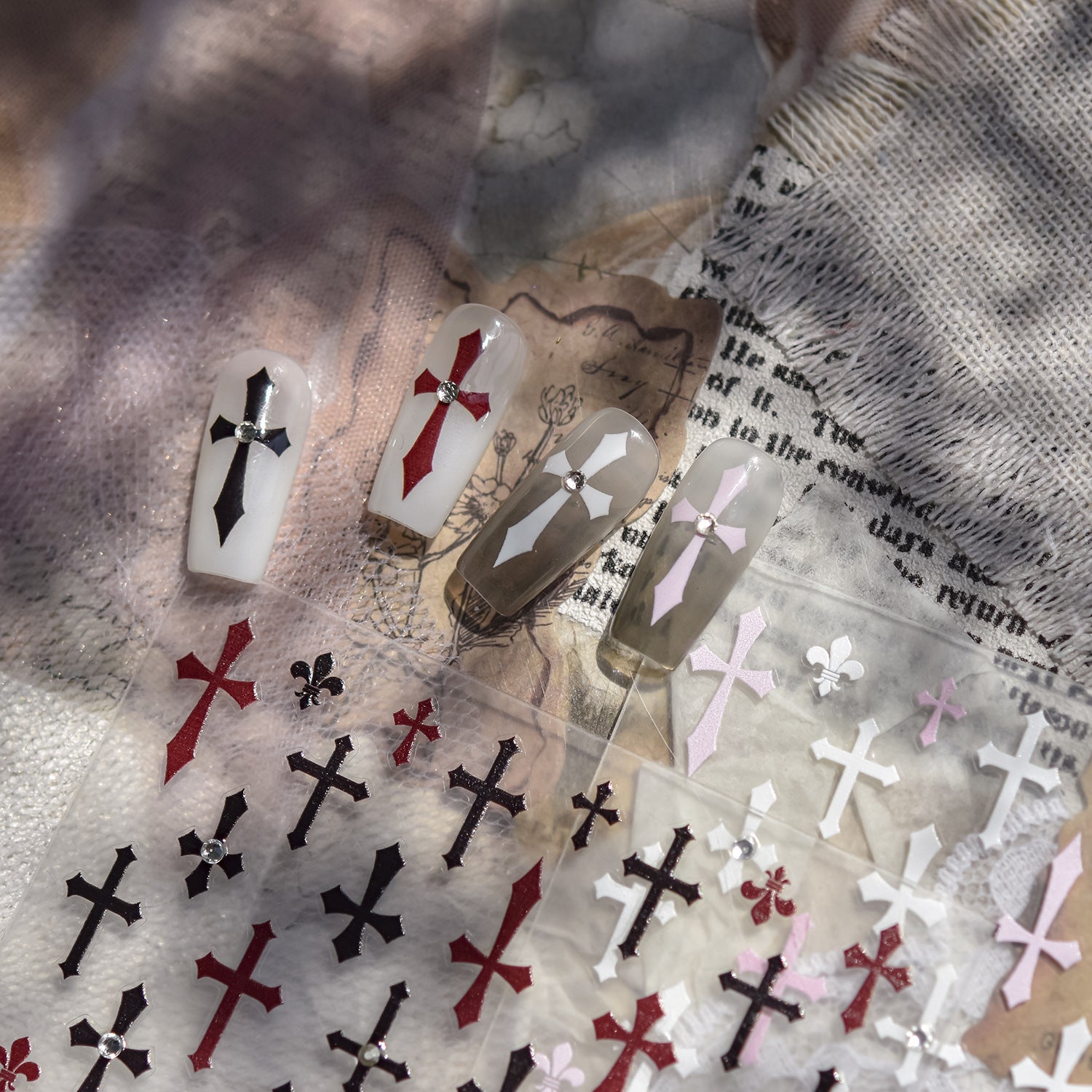 Stickers with Rhinestones - Pre-set Gems Cross Self-Adhesive Gothic Dark Romance Decals for Nail Art Decoration