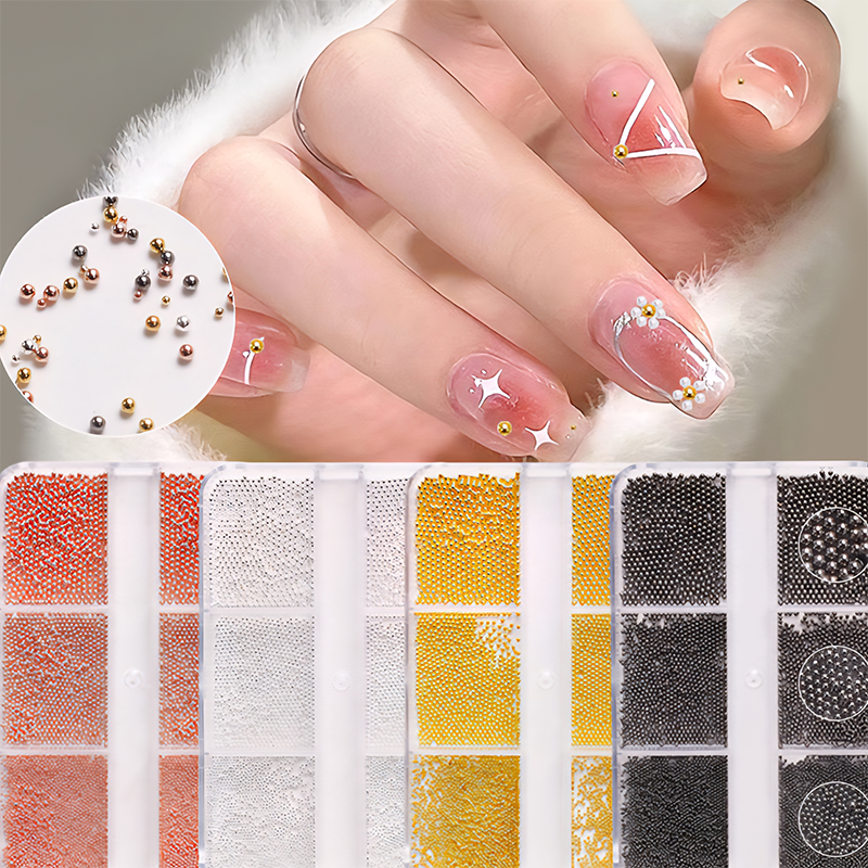Metal Caviar Bead - 6-Grid 0.5 0.8 1.0mm Mini Small Nail Beads Metallic Alloy Nail 3D Art Accessories Charms and Gems Ball Gold Rhinestones Easy-to-Apply for Beginner Professional Creative Eye-Catching Manicures