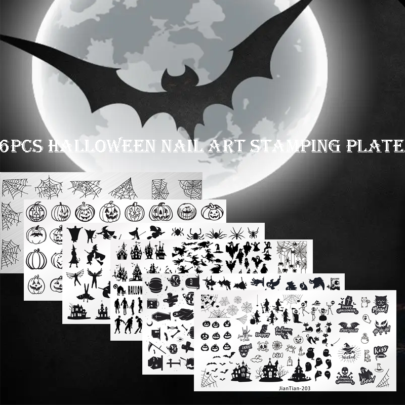 6Pcs Halloween Nail Stamping Plates with Storage Bag or with All-in-one Tool