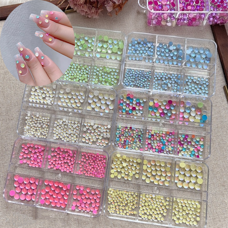 Aurora Bubble Beads - 6-Grid Multiple sizes Nail Beads Nail 3D Art Accessories Macaron Colorful Iridescent Crystal Rhinestones Easy-to-Apply for Beginner Professional Creative Eye-Catching Manicures