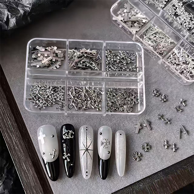 Cross Charm - 6-Grid Metallic Alloy Nail Accessories Easy-to-Apply for Creative Eye-Catching Manicures