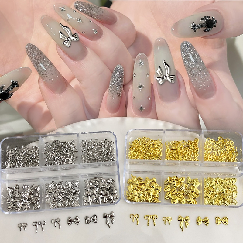 Bow Charm - 6-Grid Metallic Alloy Nail Accessories Easy-to-Apply for Creative Eye-Catching Manicures