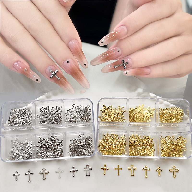Cross Charm - 6-Grid Metallic Alloy Nail Accessories Easy-to-Apply for Creative Eye-Catching Manicures