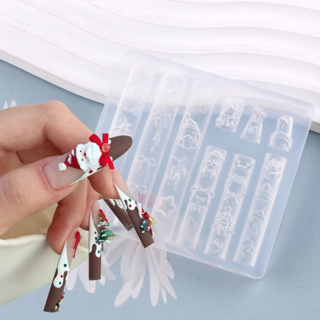 Christmas Silicone Mold - Deep Groove for 3D Nail Charm, Snowman Santa Reindeer Nail Art Sculpture Decoration Carving Templates for DIY Precise Pattern