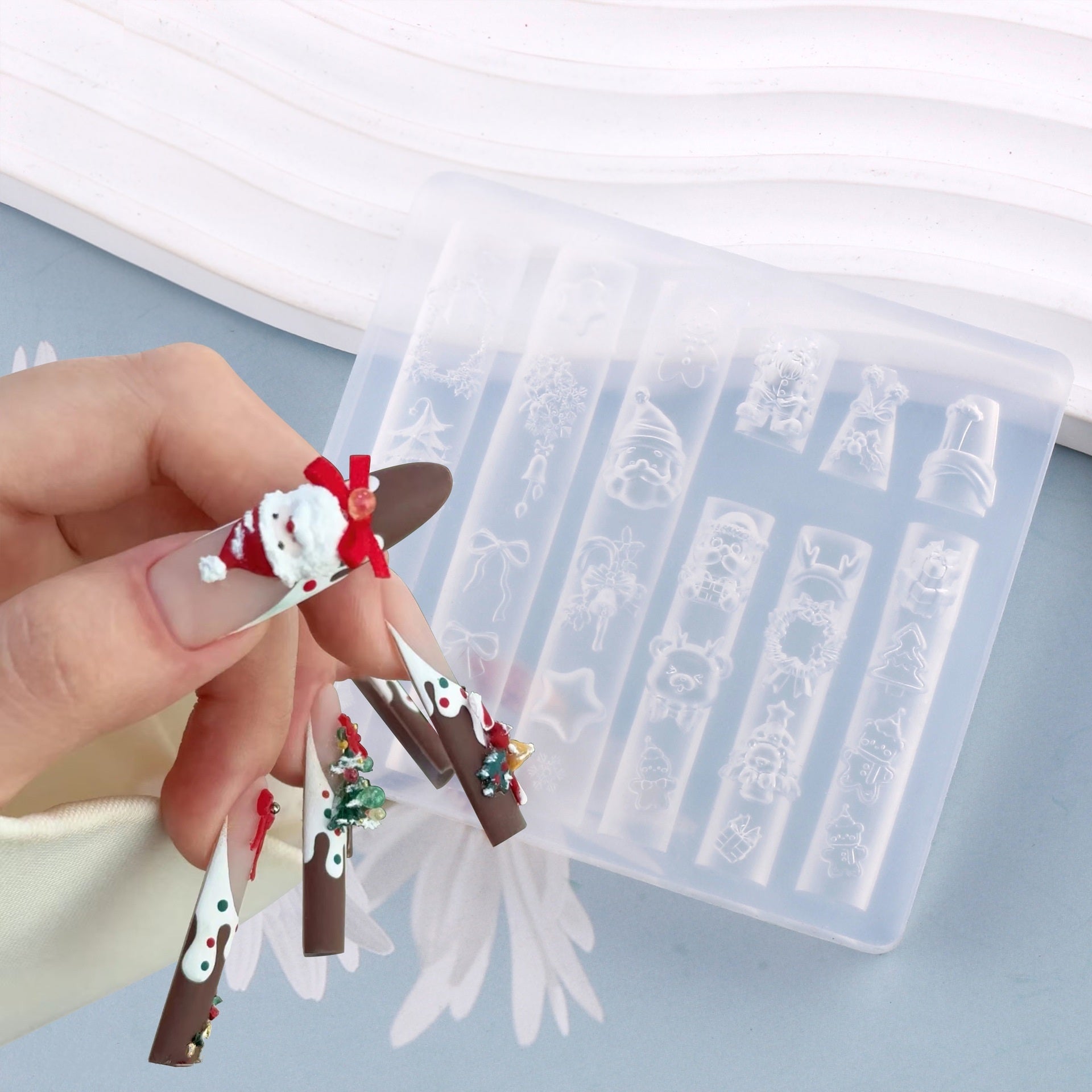 Christmas Silicone Mold - Deep Groove for 3D Nail Charm, Snowman Santa Reindeer Nail Art Sculpture Decoration Carving Templates for DIY Precise Pattern