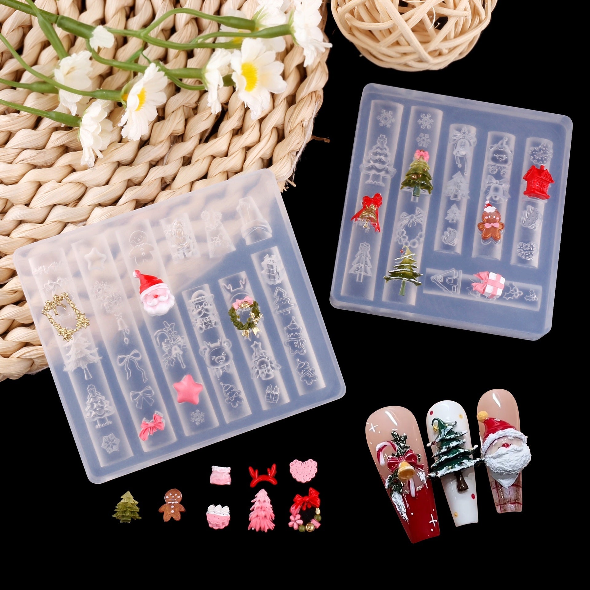 Christmas Silicone Mold - Deep Groove for 3D Nail Charm, Snowman Santa Reindeer Nail Art Sculpture Decoration Carving Templates for DIY Precise Pattern