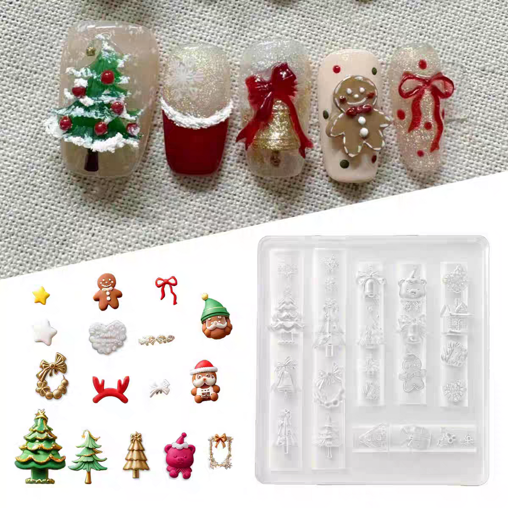 Christmas Silicone Mold - Deep Groove for 3D Nail Charm, Snowman Santa Reindeer Nail Art Sculpture Decoration Carving Templates for DIY Precise Pattern
