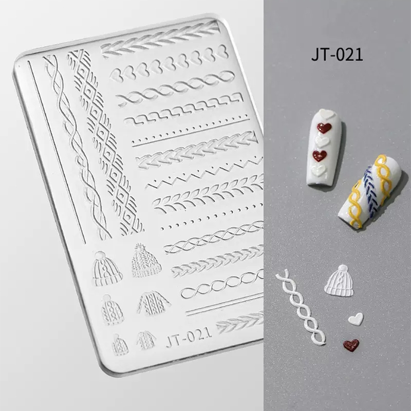 Sweater 3D Shallow Embossed Mold - Lines Hearts Hat 3D Nail Art Sticker Effect Silicone Groove Carving Templates for DIY Precise Pattern