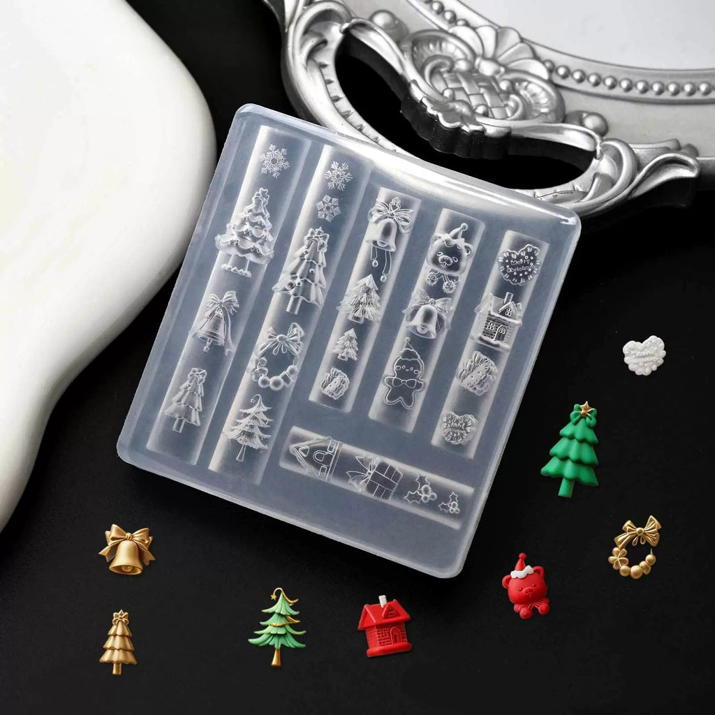 Christmas Silicone Mold - Deep Groove for 3D Nail Charm, Snowman Santa Reindeer Nail Art Sculpture Decoration Carving Templates for DIY Precise Pattern