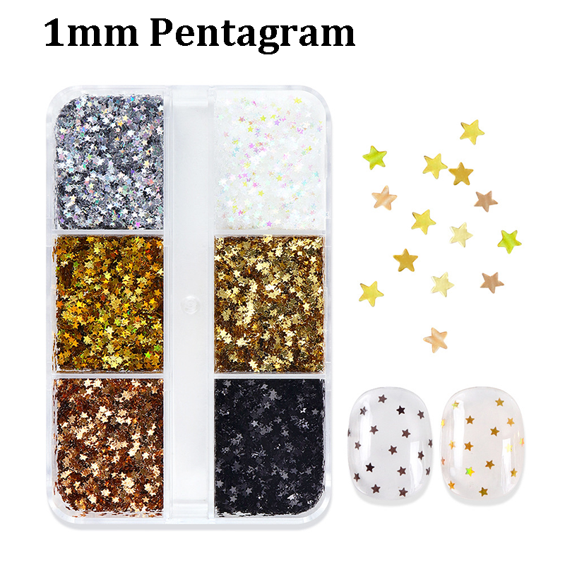 Pentagram Sequins - Thin 1mm 6 Metallic Gloss Colors 3D Holographic Colorful Nail Art Glitter Supplies for Nails DIY Decorations
