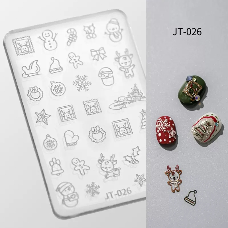 Christmas 3D Shallow Embossed Mold - Snowman Santa Reindeer 3D Nail Art Sticker Effect Silicone Groove Carving Templates for DIY Precise Pattern