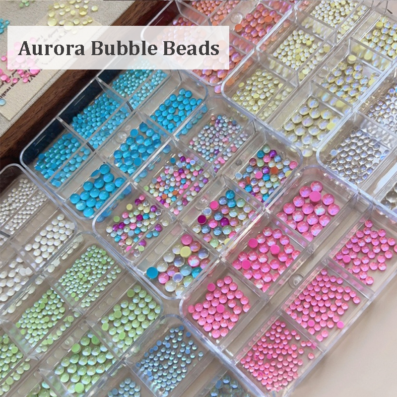 Aurora Bubble Beads - 6-Grid Multiple sizes Nail Beads Nail 3D Art Accessories Macaron Colorful Iridescent Crystal Rhinestones Easy-to-Apply for Beginner Professional Creative Eye-Catching Manicures