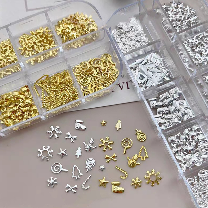 Christmas Charm - 12-Grid  Metallic Alloy Christmas Trees Nail 3D Art Accessories Easy-to-Apply for Beginner Professional Creative Eye-Catching Manicures