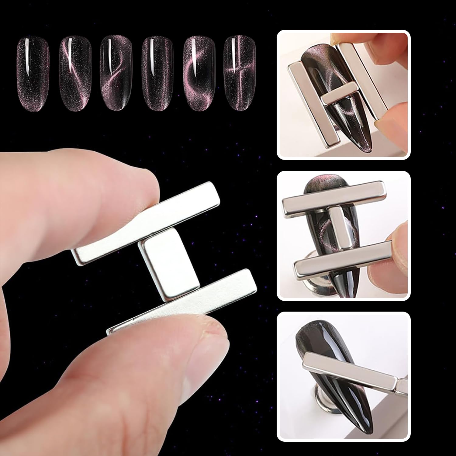4Pcs Mini Nail Magnet Rectangle for Beginner Professional - Circles Lines Plaid Pattern Designs Cat Eye Magnet Tool for Nail Art