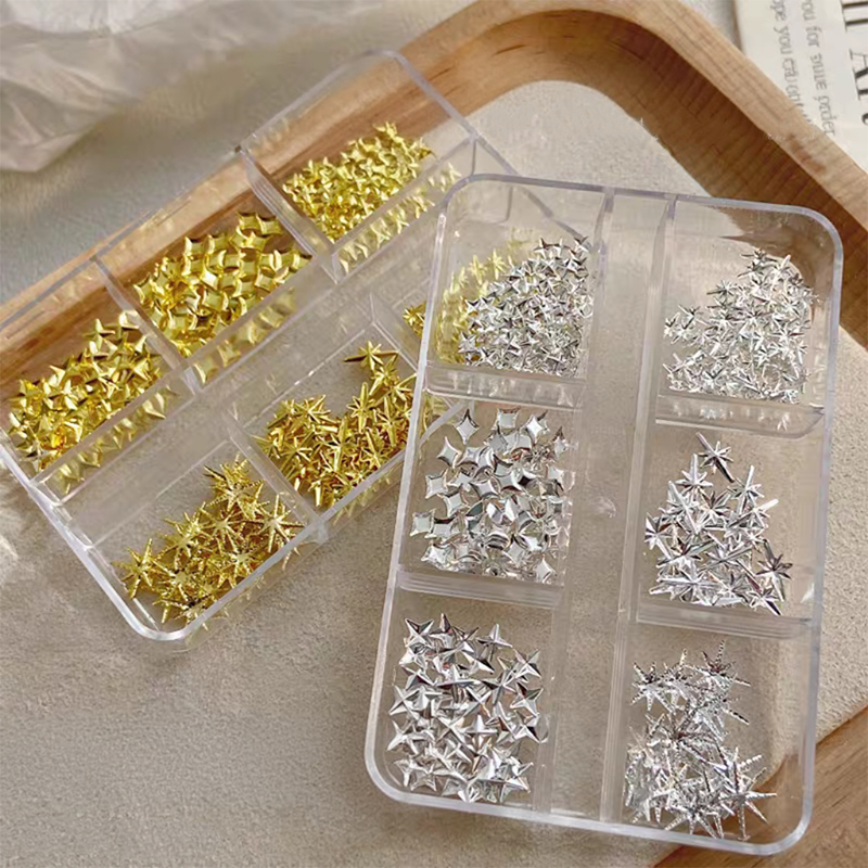 Starburst Charm - 6-Grid Metallic Alloy Star Nail 3D Art Accessories Easy-to-Apply for Beginner Professional Creative Eye-Catching Manicures