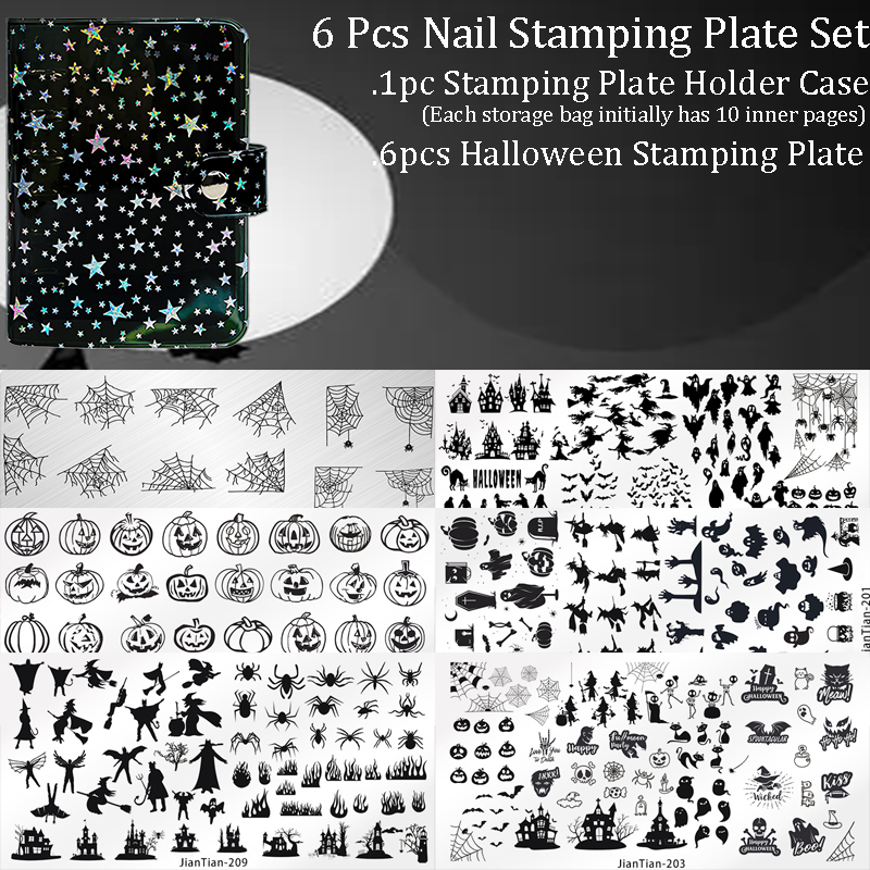 6Pcs Halloween Nail Stamping Plates with Storage Bag or with All-in-one Tool