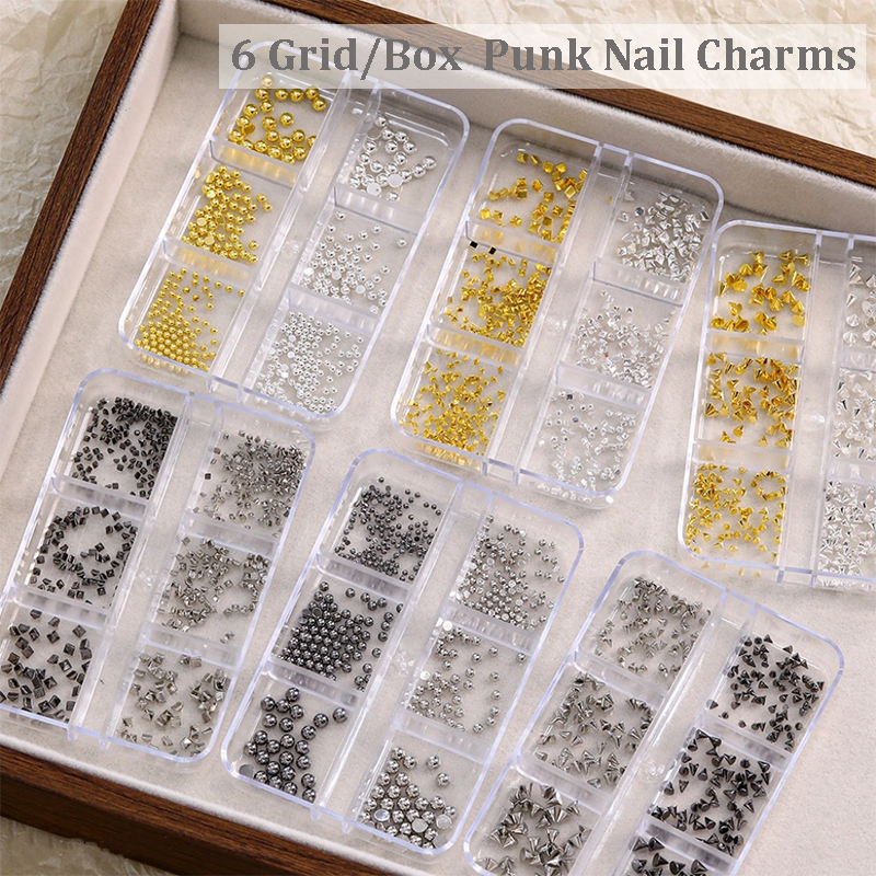 Punk Charm - 6-Grid Metallic Alloy Cone Studs Rivet Beads Nail 3D Art Accessories Easy-to-Apply for Beginner Professional Creative Eye-Catching Manicures