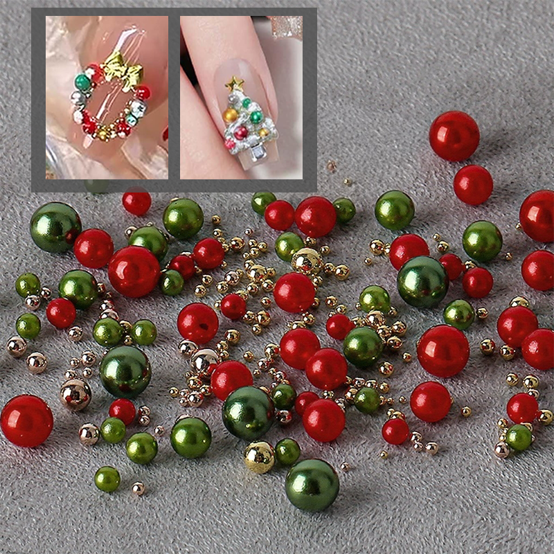 Christmas Round Pearls - 6-Grid Multiple sizes Nail Beads Metallic Alloy Nail 3D Art Accessories Charms and Gems Ball Colorful Rhinestones Easy-to-Apply for Beginner Professional Creative Eye-Catching Manicures