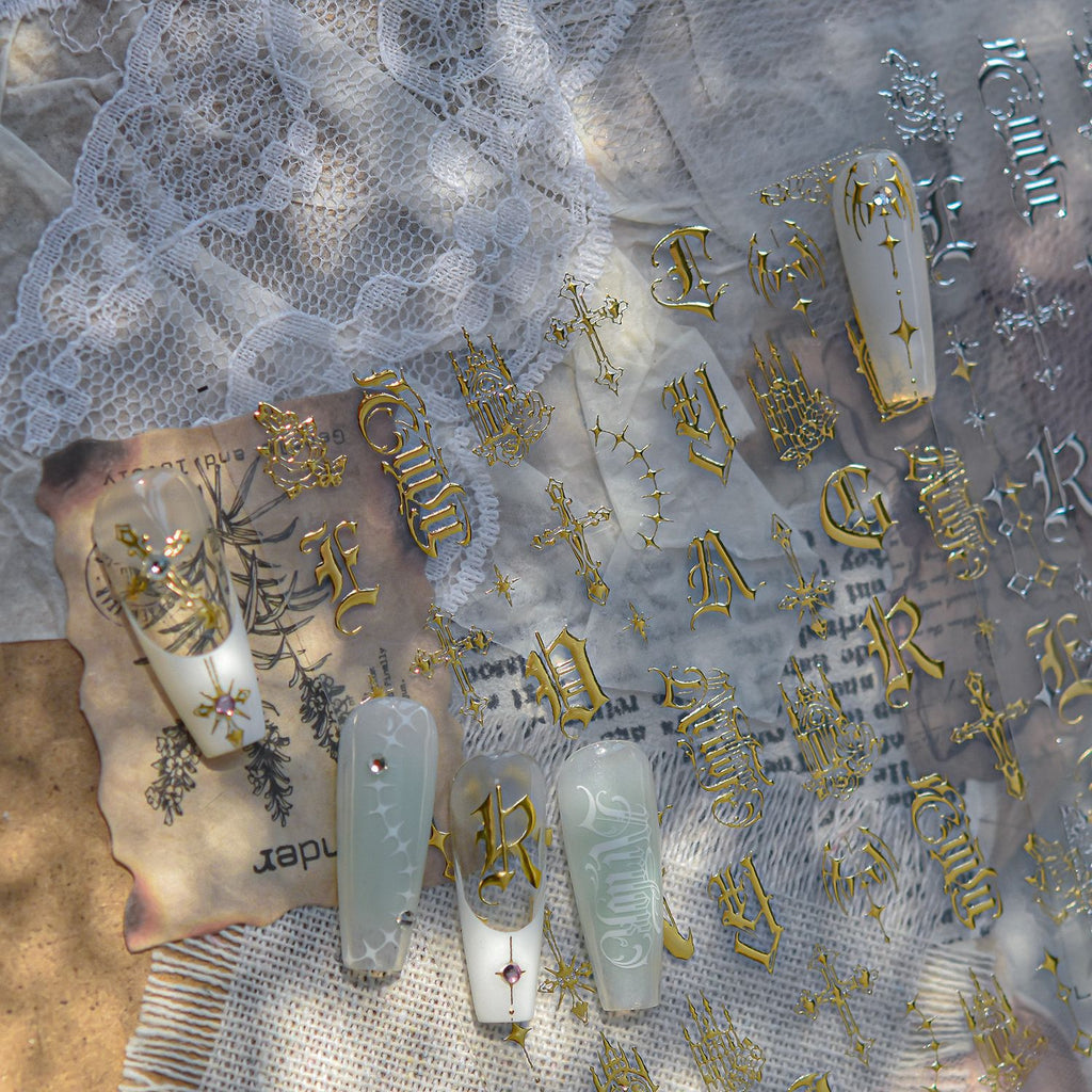 3D Stickers - Metallic Sheen Cross Snake Skull Self-Adhesive Gothic Dark Romance Decals for Nail Art Decoration