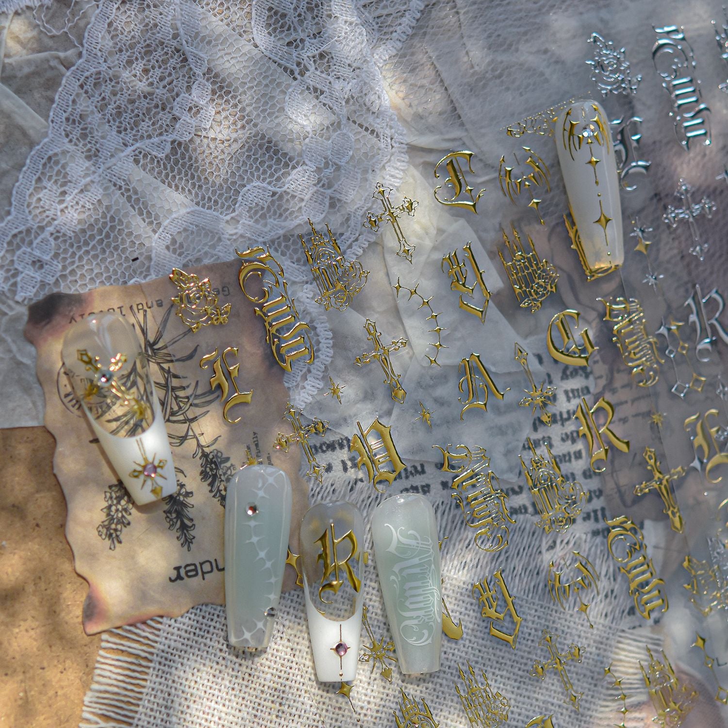 3D Stickers - Metallic Sheen Cross Snake Skull Self-Adhesive Gothic Dark Romance Decals for Nail Art Decoration