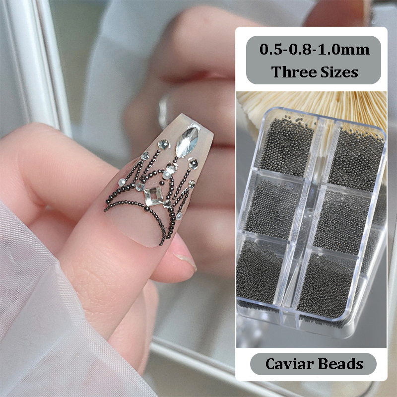 Metal Caviar Bead - 6-Grid 0.5 0.8 1.0mm Mini Small Nail Beads Metallic Alloy Nail 3D Art Accessories Charms and Gems Ball Gold Rhinestones Easy-to-Apply for Beginner Professional Creative Eye-Catching Manicures