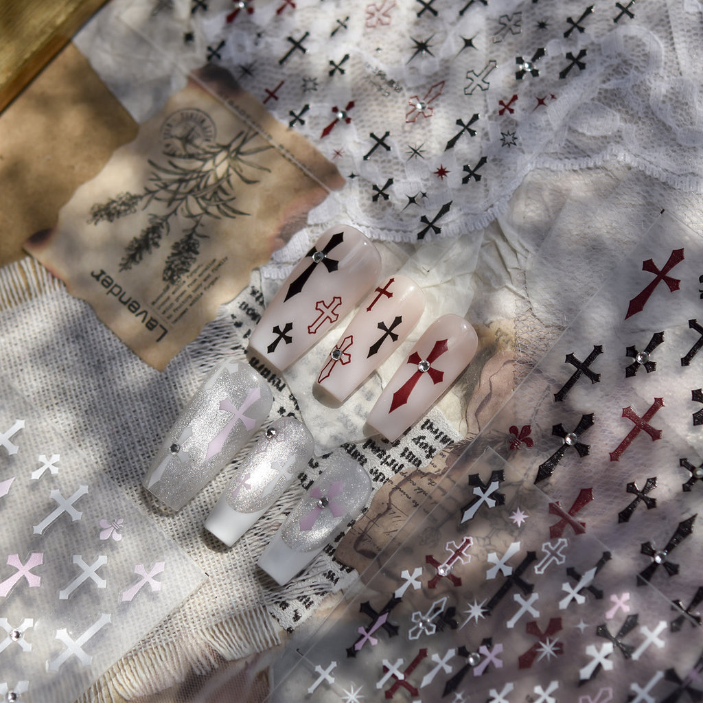 Stickers with Rhinestones - Pre-set Gems Cross Self-Adhesive Gothic Dark Romance Decals for Nail Art Decoration