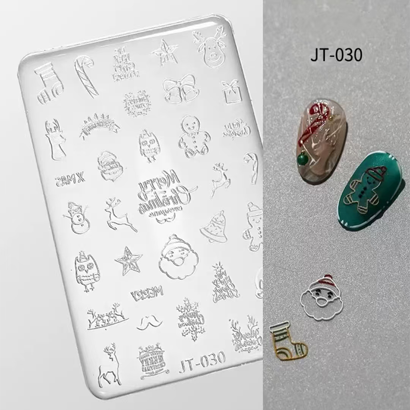 Christmas 3D Shallow Embossed Mold - Snowman Santa Reindeer 3D Nail Art Sticker Effect Silicone Groove Carving Templates for DIY Precise Pattern