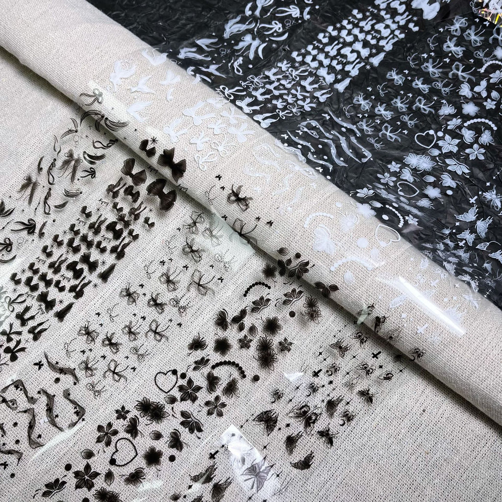 Black + White Foil Transfer - Bow Flower Butterfly Ribbon Nail Art Transparent Background Decals for DIY Decorations Supplies Design