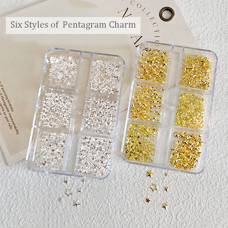 Pentagram Charm - 6-Grid Metallic Alloy Star Nail 3D Art Accessories Easy-to-Apply for Beginner Professional Creative Eye-Catching Manicures