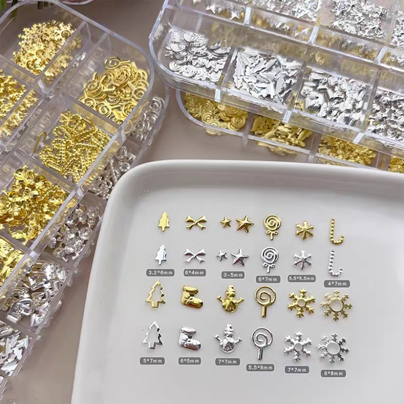Christmas Charm - 12-Grid  Metallic Alloy Christmas Trees Nail 3D Art Accessories Easy-to-Apply for Beginner Professional Creative Eye-Catching Manicures