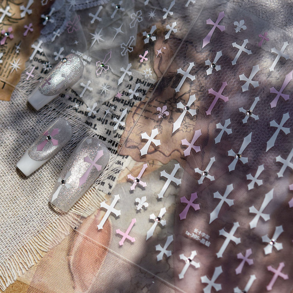 Stickers with Rhinestones - Pre-set Gems Cross Self-Adhesive Gothic Dark Romance Decals for Nail Art Decoration