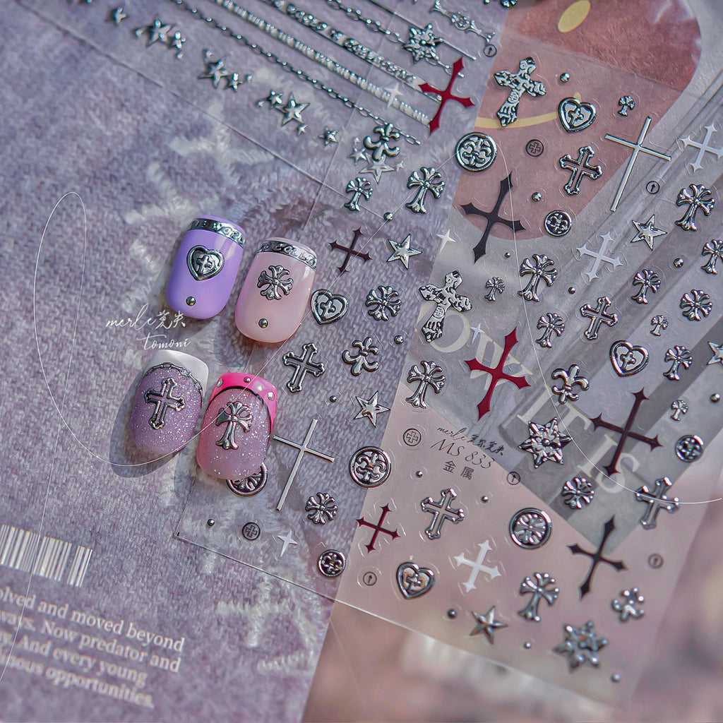 3D Stickers - Metallic Sheen Cross Snake Skull Self-Adhesive Gothic Dark Romance Decals for Nail Art Decoration