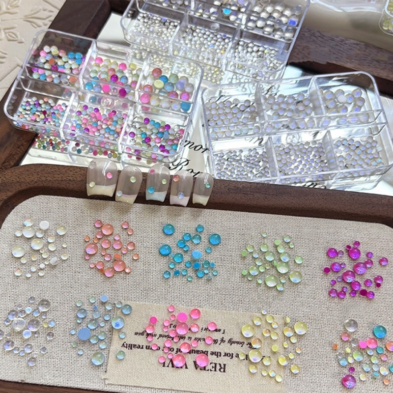 Aurora Bubble Beads - 6-Grid Multiple sizes Nail Beads Nail 3D Art Accessories Macaron Colorful Iridescent Crystal Rhinestones Easy-to-Apply for Beginner Professional Creative Eye-Catching Manicures