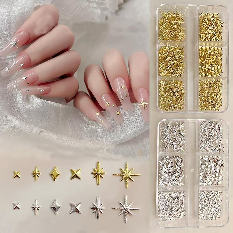 Starburst Charm - 6-Grid Metallic Alloy Star Nail 3D Art Accessories Easy-to-Apply for Beginner Professional Creative Eye-Catching Manicures