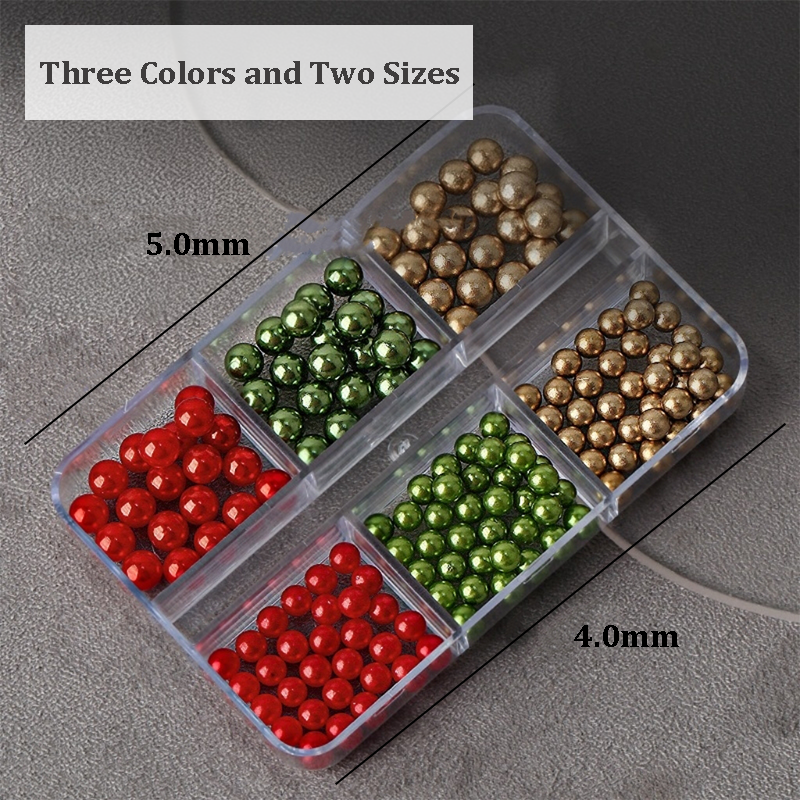 Christmas Round Pearls - 6-Grid Multiple sizes Nail Beads Metallic Alloy Nail 3D Art Accessories Charms and Gems Ball Colorful Rhinestones Easy-to-Apply for Beginner Professional Creative Eye-Catching Manicures