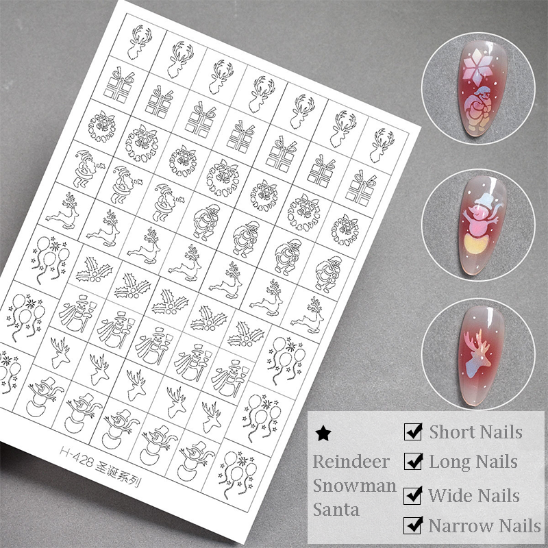 Christmas Stencils - Winter Christmas Tree Reindeer Santa Snowman Patterns Self-adhesive Reusable Gel Airbrush Nail Guides Decals Templates Stickers Supplies Vinyl for beginners easy DIY Manicure