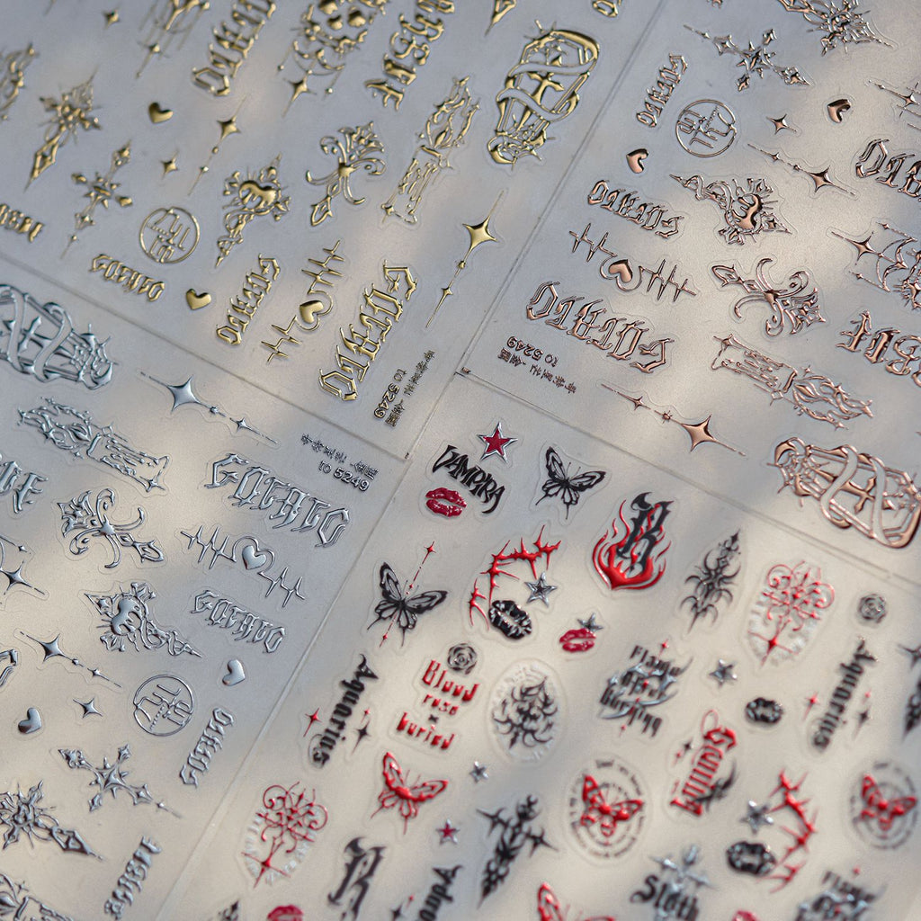 3D Stickers - Metallic Sheen Cross Snake Skull Self-Adhesive Gothic Dark Romance Decals for Nail Art Decoration