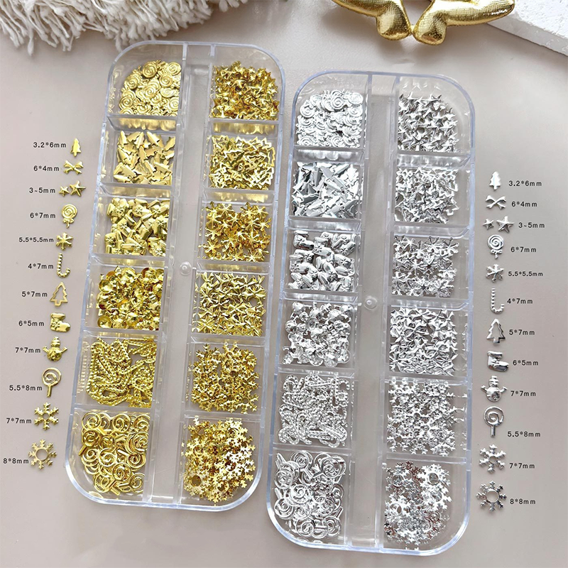 Christmas Charm - 12-Grid  Metallic Alloy Christmas Trees Nail 3D Art Accessories Easy-to-Apply for Beginner Professional Creative Eye-Catching Manicures