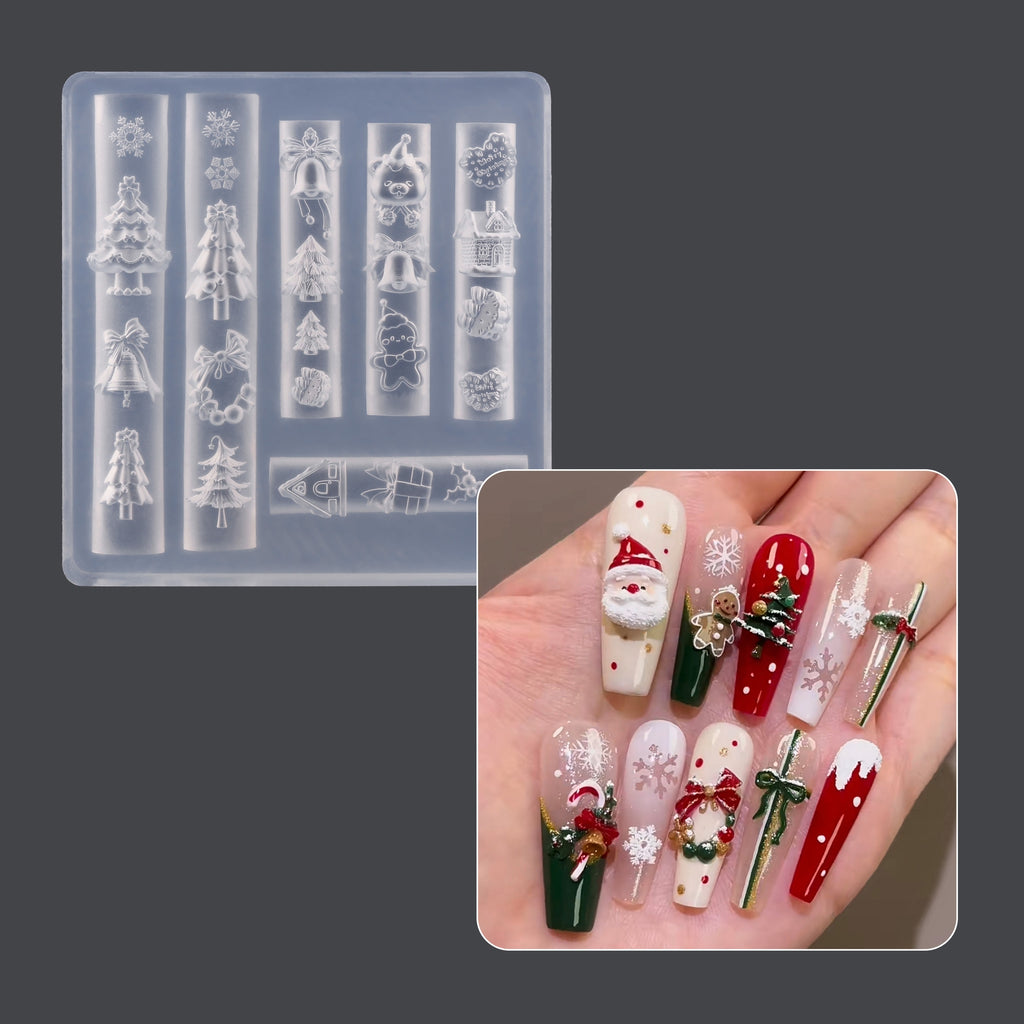 Christmas Silicone Mold - Deep Groove for 3D Nail Charm, Snowman Santa Reindeer Nail Art Sculpture Decoration Carving Templates for DIY Precise Pattern