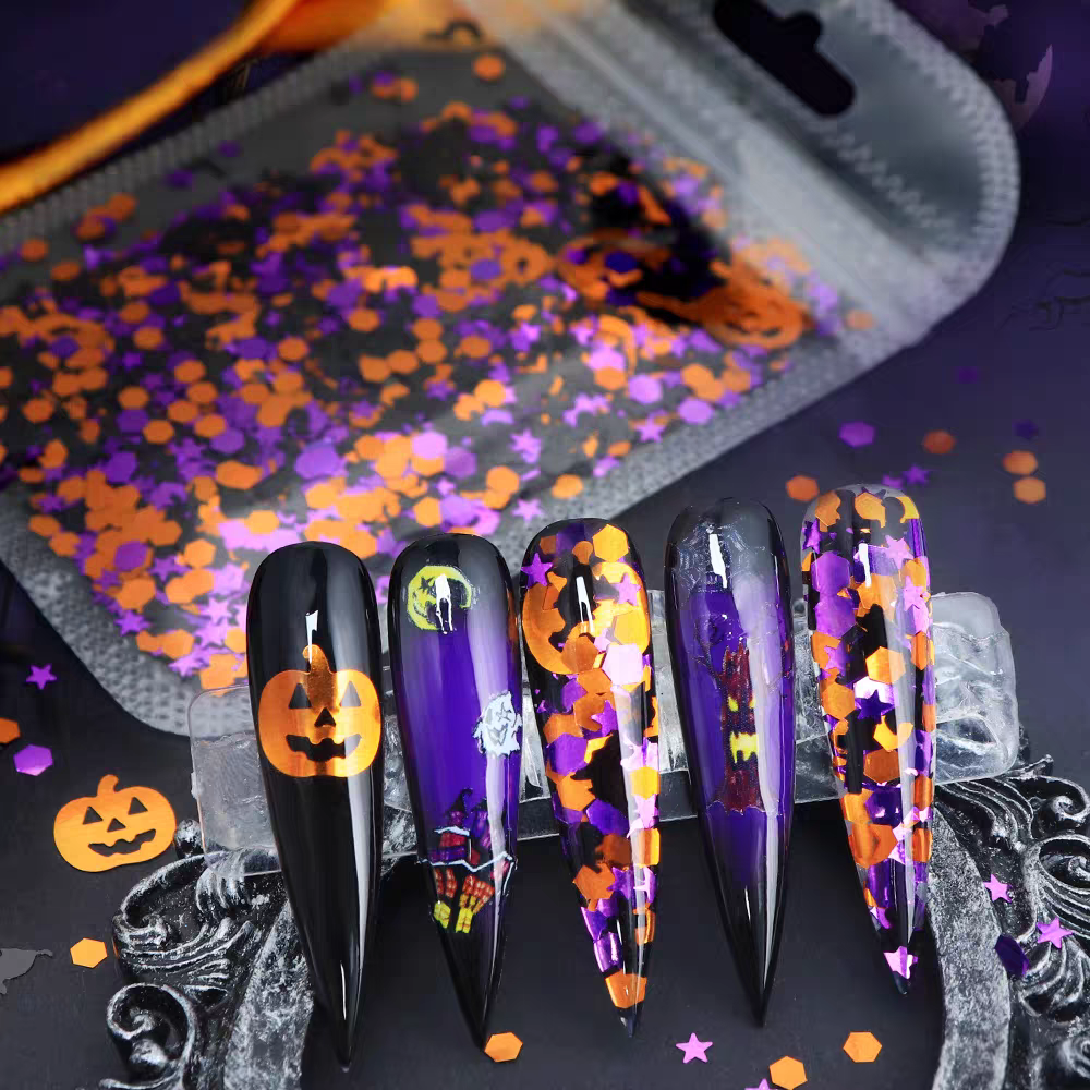 Halloween Sequins - Ultra-Thin Mix Skull Pumpkin Bat Ghost Cat Witch Design 3D Holographic Nail Art Glitter Supplies for Nails DIY Decorations