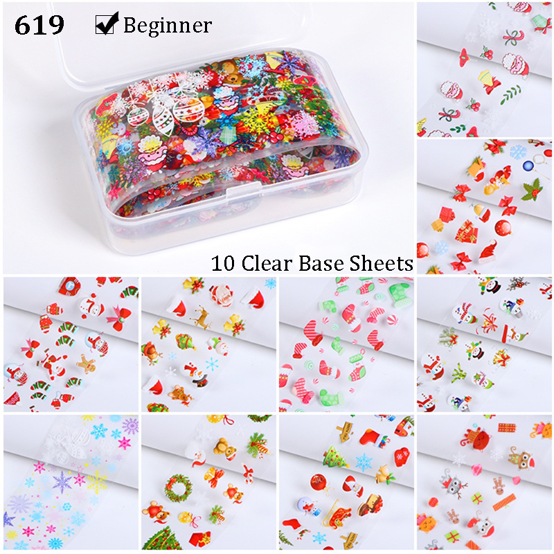 Christmas Foil Transfer - 10 Rolls/Box Nail Art Stickers Snowflake Christmas Tree Santa Claus Laser Colorful Prints Decals for DIY Decorations Supplies Design