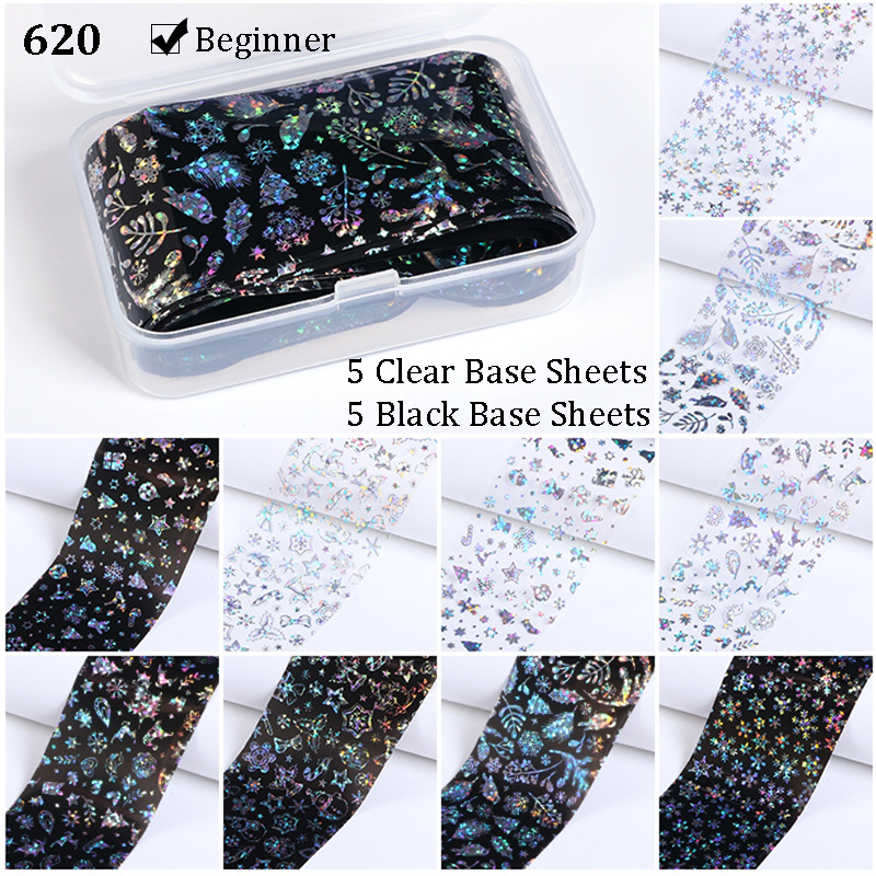 Christmas Foil Transfer - 10 Rolls/Box Nail Art Stickers Snowflake Christmas Tree Santa Claus Laser Colorful Prints Decals for DIY Decorations Supplies Design