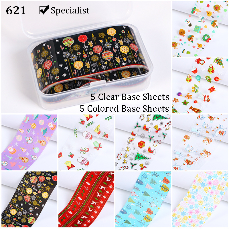 Christmas Foil Transfer - 10 Rolls/Box Nail Art Stickers Snowflake Christmas Tree Santa Claus Laser Colorful Prints Decals for DIY Decorations Supplies Design