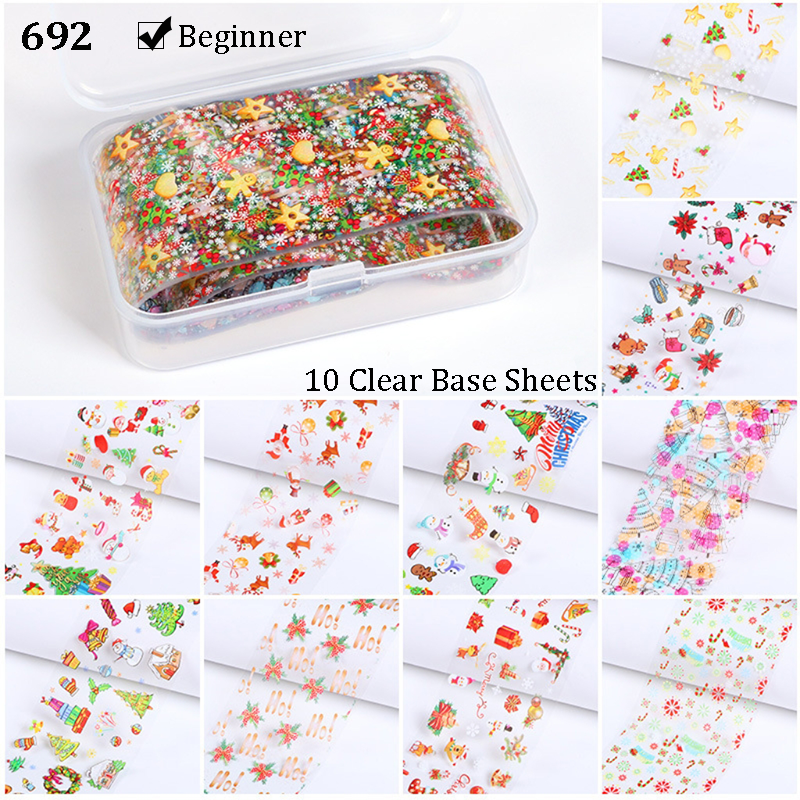 Christmas Foil Transfer - 10 Rolls/Box Nail Art Stickers Snowflake Christmas Tree Santa Claus Laser Colorful Prints Decals for DIY Decorations Supplies Design