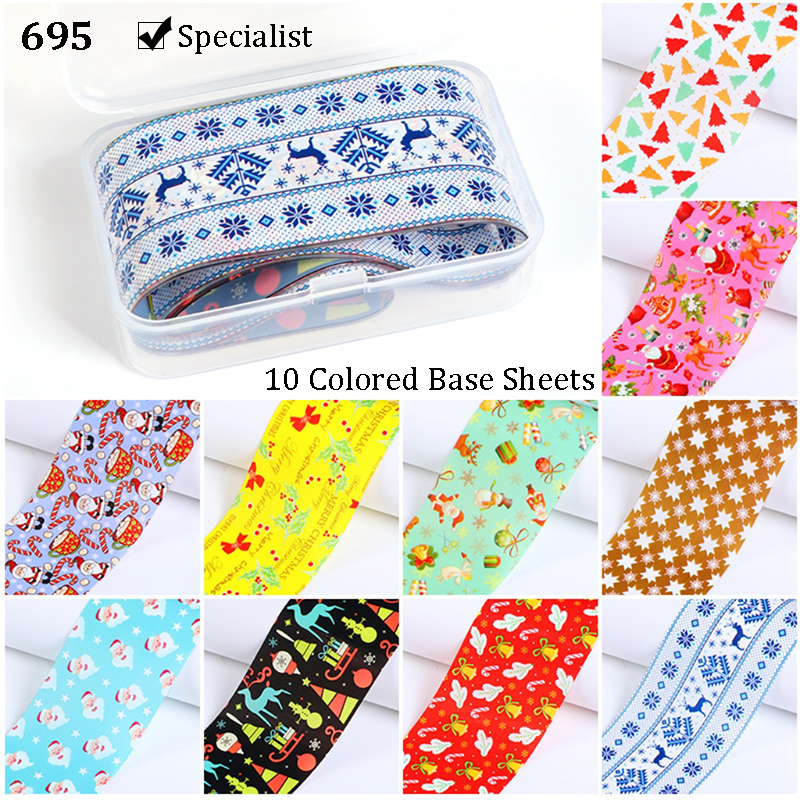 Christmas Foil Transfer - 10 Rolls/Box Nail Art Stickers Snowflake Christmas Tree Santa Claus Laser Colorful Prints Decals for DIY Decorations Supplies Design